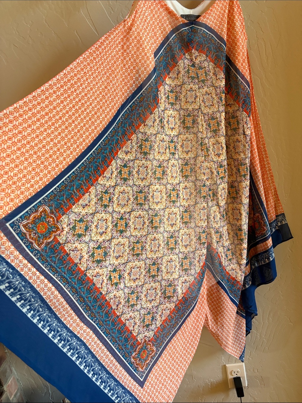 Luxology Coral and Navy Patterned Handkerchief Hem Dress - Picture 4 of 4